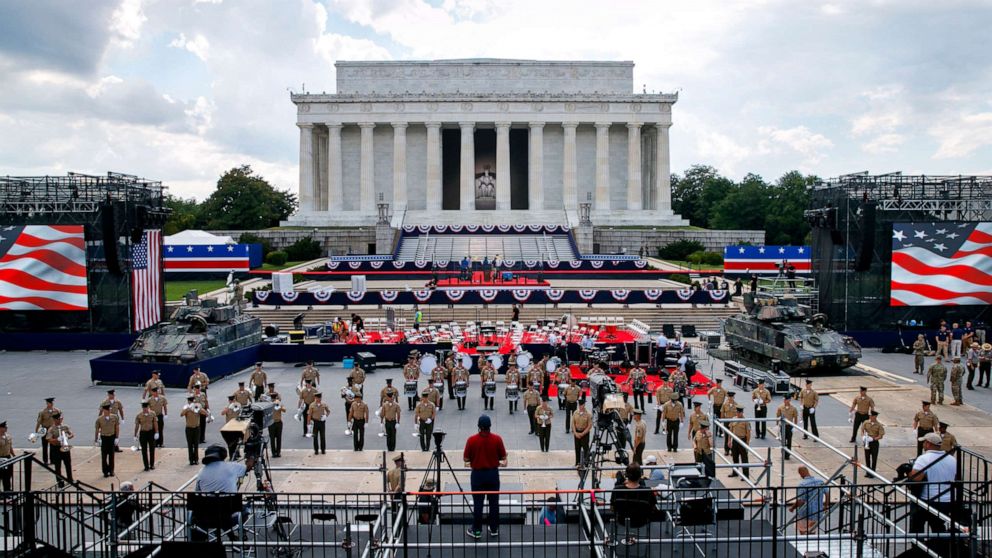 PHOTO: Two Bradley Fighting Vehicles flank the stage being prepared in front of the Lincoln Memorial, July 3, 2019, in Washington D.C., ahead of planned Fourth of July festivities with President Donald Trump. 