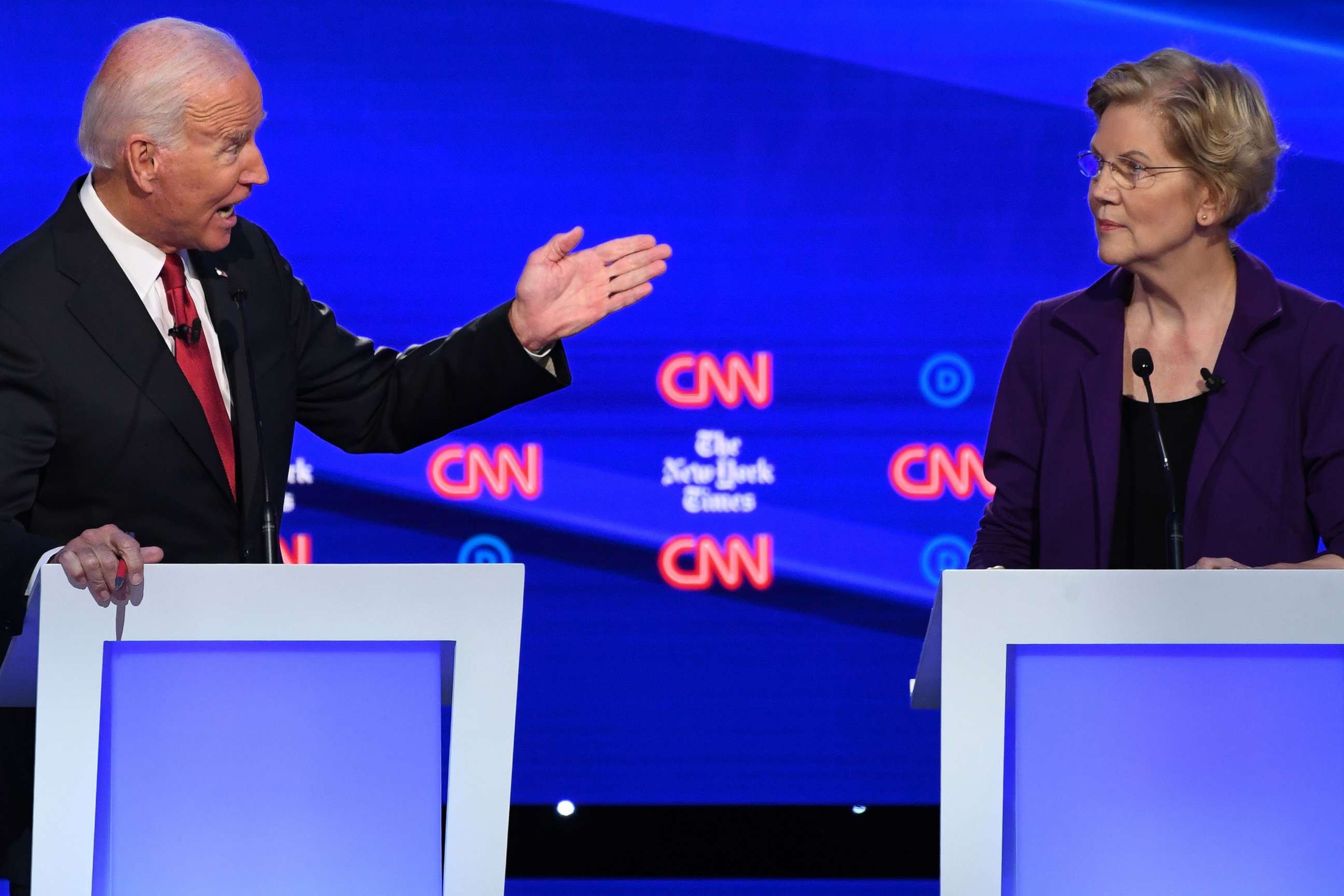 PHOTO: Democratic presidential hopefuls Joe Biden gestures at Elizabeth Warren during the fourth Democratic primary debate at Otterbein University in Westerville, Ohio, Oct. 15, 2019.