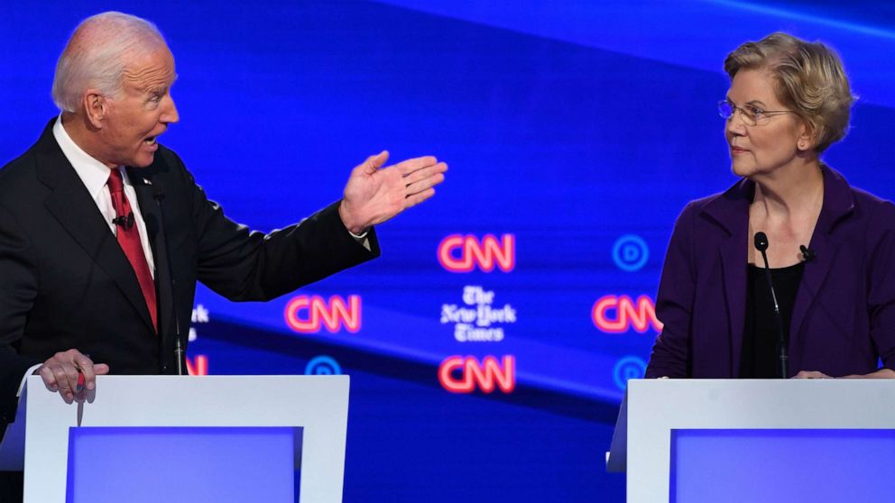 PHOTO: Democratic presidential hopefuls Joe Biden gestures at Elizabeth Warren during the fourth Democratic primary debate at Otterbein University in Westerville, Ohio, Oct. 15, 2019.