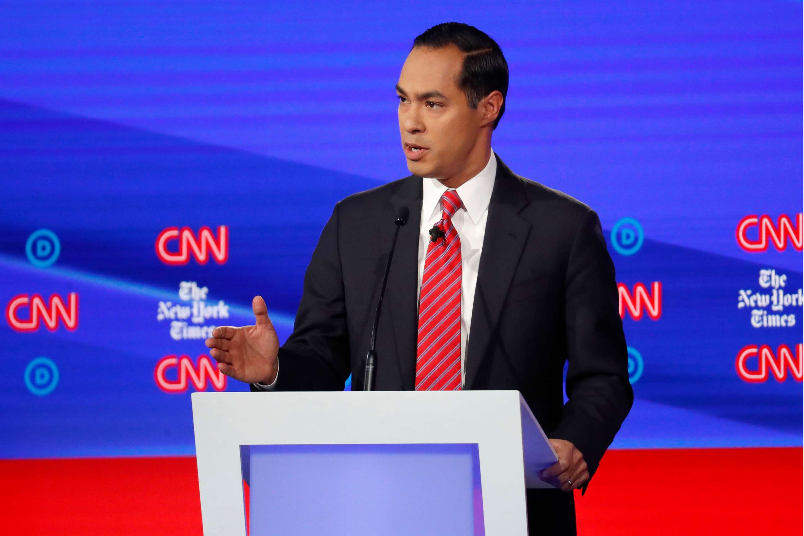 PHOTO: Democratic presidential hopeful Julian Castro speaks during the fourth Democratic primary debate at Otterbein University in Westerville, Ohio, Oct. 15, 2019.
