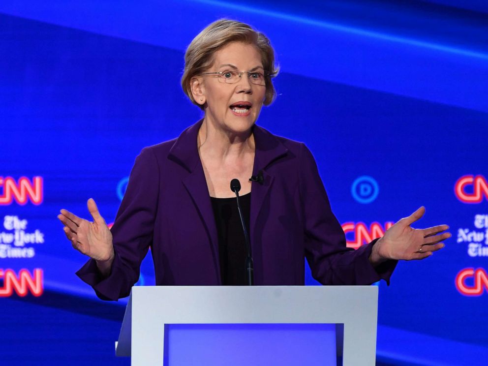 PHOTO: Democratic presidential hopeful Sen. Elizabeth Warren speaks during the fourth Democratic primary debate at Otterbein University in Westerville, Ohio, Oct. 15, 2019.