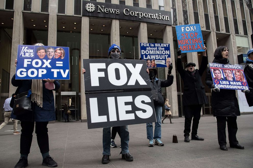 PHOTO: People protest outside of the Fox News headquarters in response to the Dominion lawsuit against Fox Corporation in New York City, Feb. 21, 2023.