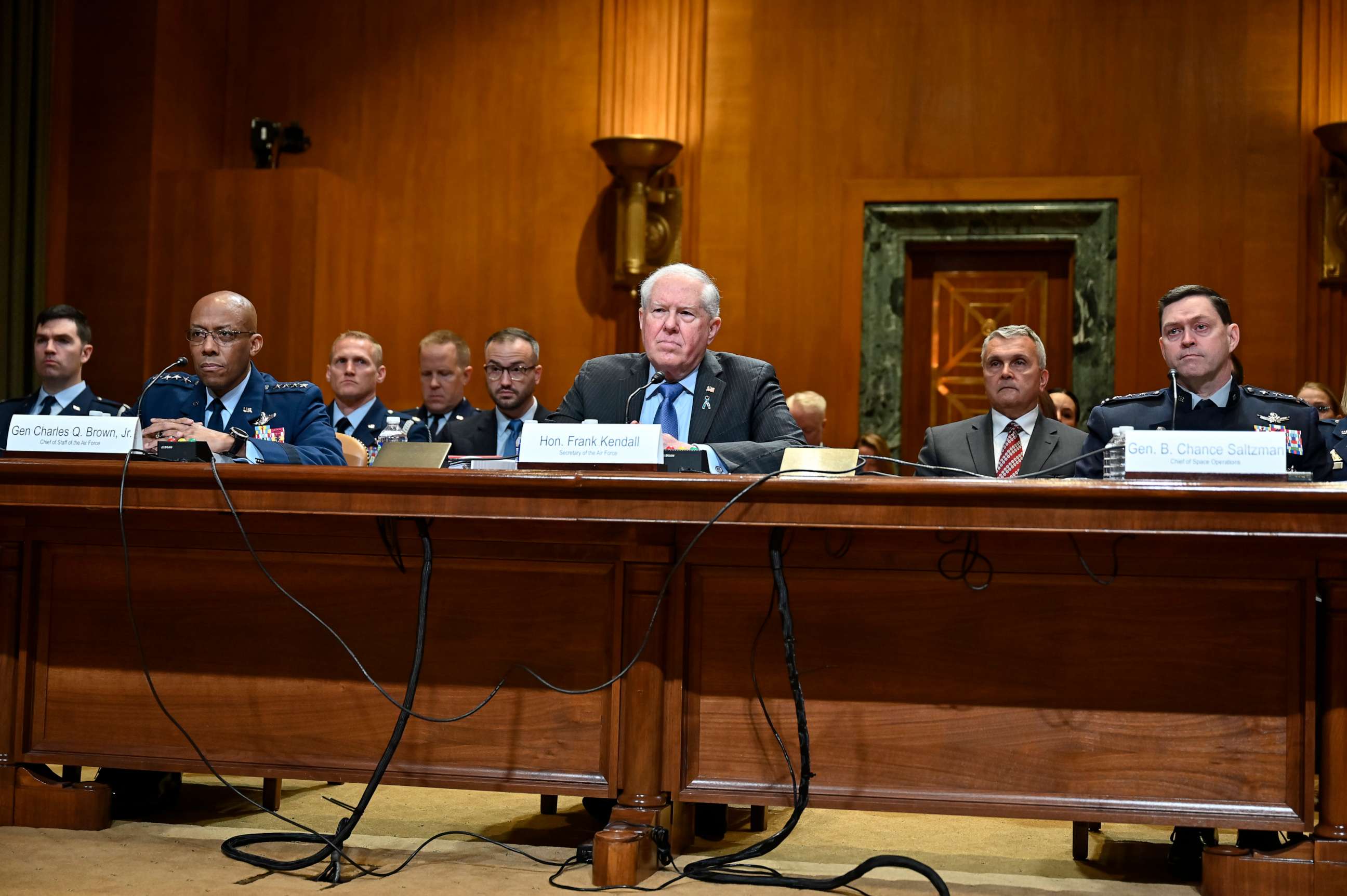 PHOTO: Secretary of the Air Force Frank Kendall listens to opening comments while testifying before the Senate Appropriations Subcommittee on Defense for the Department of the Air Force fiscal year 2024 budget in Washington, Apr. 18, 2023.