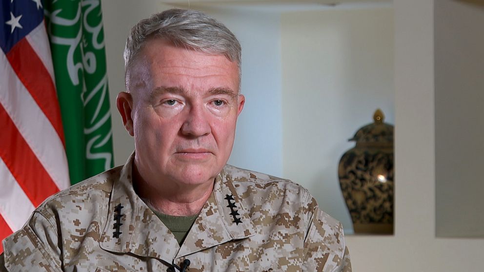 PHOTO: Gen. Frank McKenzie is interviewed by ABC News and the Associated Press during visit to Riyadh, Saudi Arabia.