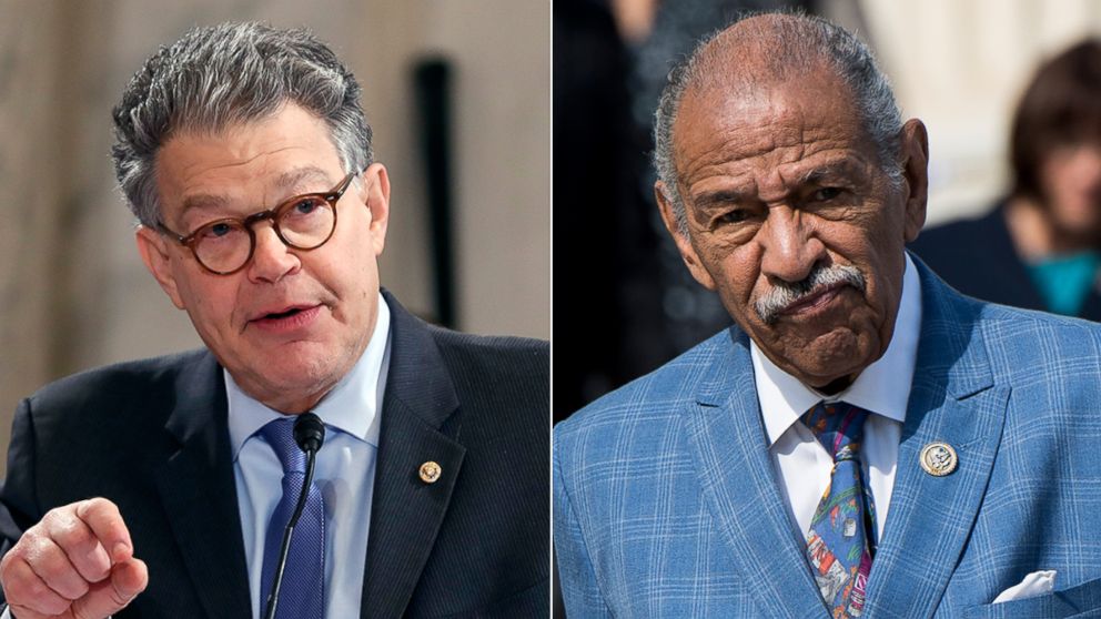Sen. Al Franken, D-Minn. questions Attorney General-designate, Sen. Jeff Sessions, R-Ala., on Capitol Hill, Tuesday, Jan. 10, 2017. Rep. John Conyers, D-Mich., walks down the House steps after voting in the Capitol on Friday, Nov. 3, 2017. 