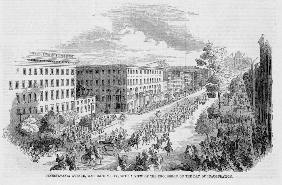 PHOTO: Military units precede President Franklin Pierce's carriage down Pennsylvania Avenue during inauguration day ceremonies, March 4, 1853.