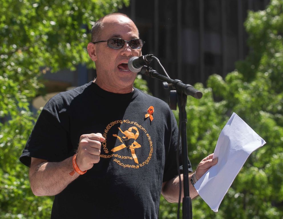 PHOTO: Fred Guttenberg, who's daughter was killed in the Parkland Fla. shooting, speaks during a protest against the National Rifle Association in Dallas, May 5, 2018.