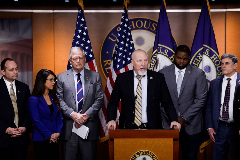 PHOTO: Rep. Chip Roy speaks during a news conference with the House Freedom Caucus on the debt limit negotiations, Mar. 10, 2023 in Washington.