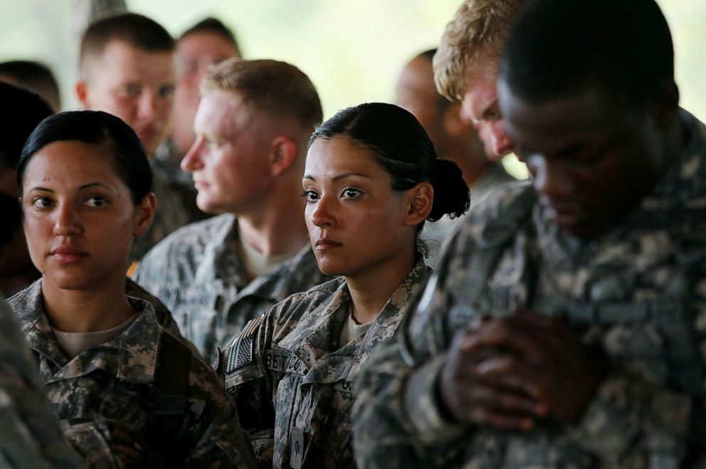 PHOTO: Paratroopers in the First Brigade of the US Army's 82nd Airborne Division stand in formation after a parachute training jump August 6, 2010 at Camp Mackall, a training ground of Fort Bragg, N.C.