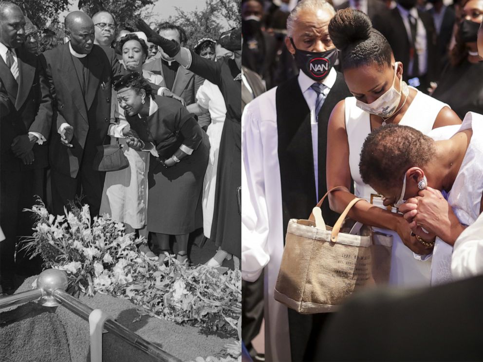 PHOTO: Friends restrain grief-stricken Mrs. Mamie Bradley as her son Emmett Till's body is lowered into the grave after his funeral. | Mourners react as they look at the casket at the funeral for George Floyd, June 9, 2020 in Houston, Texas.
