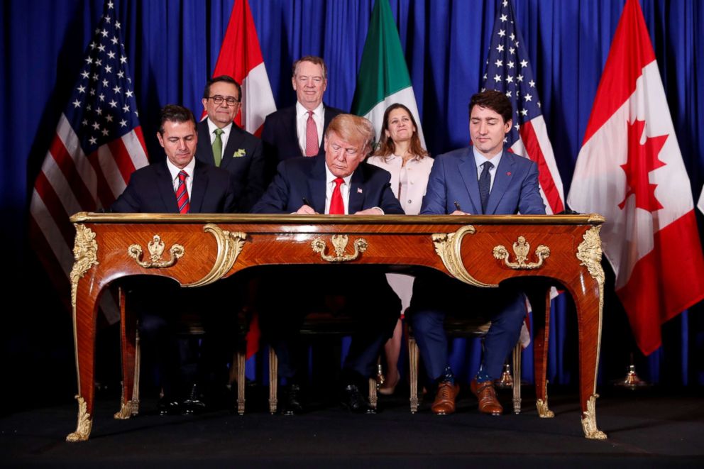 PHOTO: Mexico's President Enrique Pena Nieto, President Donald Trump and Canada's Prime Minister Justin Trudeau attend the USMCA signing ceremony before the G20 leaders summit in Buenos Aires, Argentina, Nov. 30, 2018.