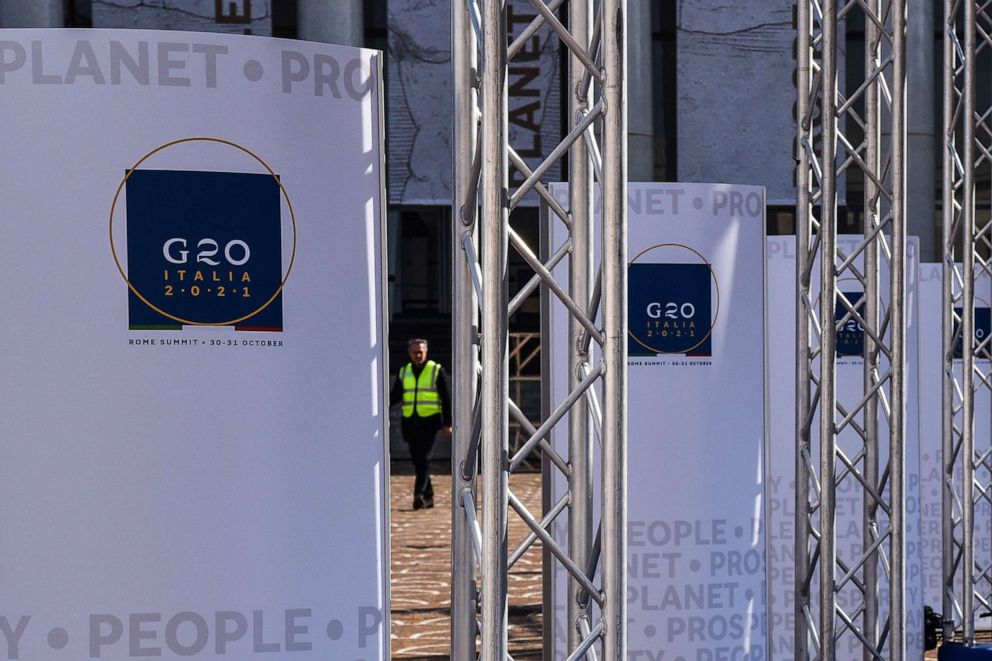 PHOTO: Preparations underway outside the Congress Hall (Palazzo dei Congressi) in advance of the G20 summit,  Oct. 27, 2021, in Rome.
