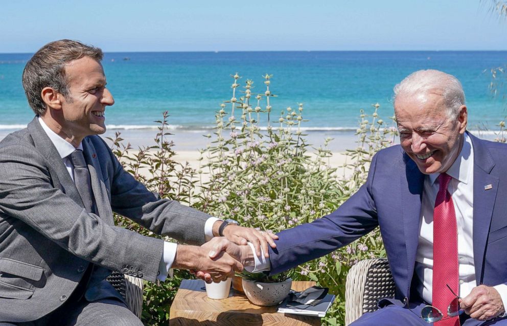 PHOTO: President Joe Biden and France's President Emmanuel Macron shake hands as they attend a bilateral meeting during the G7 summit in Carbis Bay, Cornwall, Britain, June 12, 2021. 
