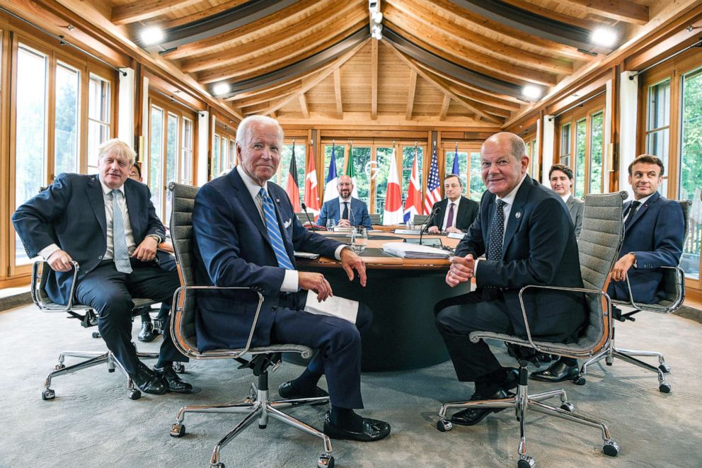 PHOTO: President Joe Biden, center, attends a working lunch with other G7 leaders to discuss shaping the global economy in Elmau, Germany, Sunday, June 26, 2022.