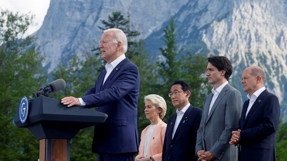PHOTO: U.S. President Joe Biden speaks during the first day of the G7 leaders' summit at Bavaria's Schloss Elmau castle, near Garmisch-Partenkirchen, Germany, June 26, 2022.