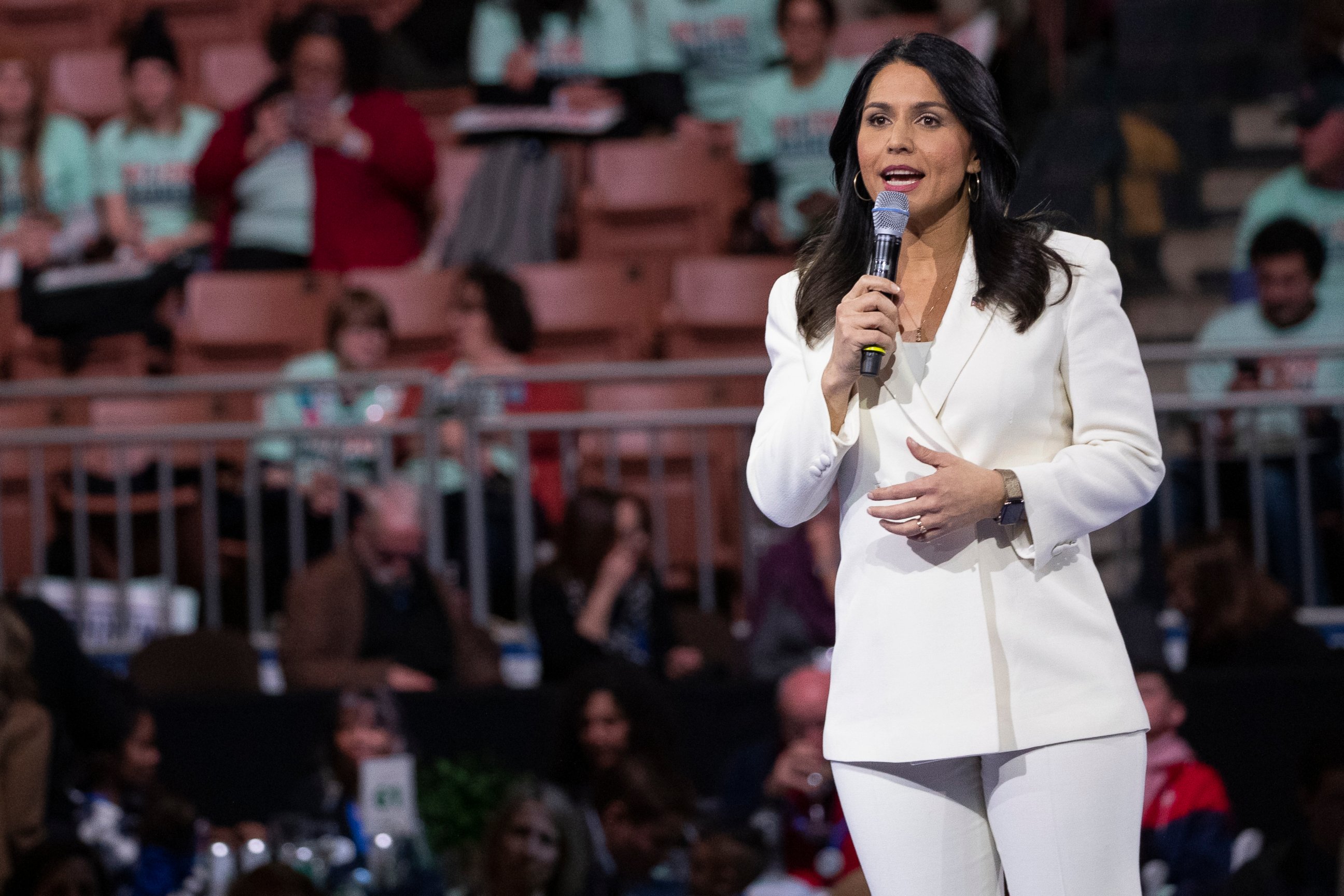 PHOTO: In this Feb. 8, 2020, file photo, Democratic presidential candidate Rep. Tulsi Gabbard, D-Hawaii, speaks during the McIntyre-Shaheen 100 Club Dinner in Manchester, N.H.