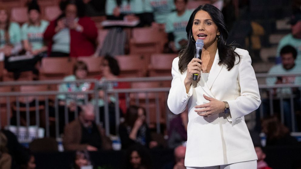  In this Feb. 8, 2020, record  photo, Democratic statesmanlike  campaigner  Rep. Tulsi Gabbard, D-Hawaii, speaks during the McIntyre-Shaheen 100 Club Dinner successful  Manchester, N.H.