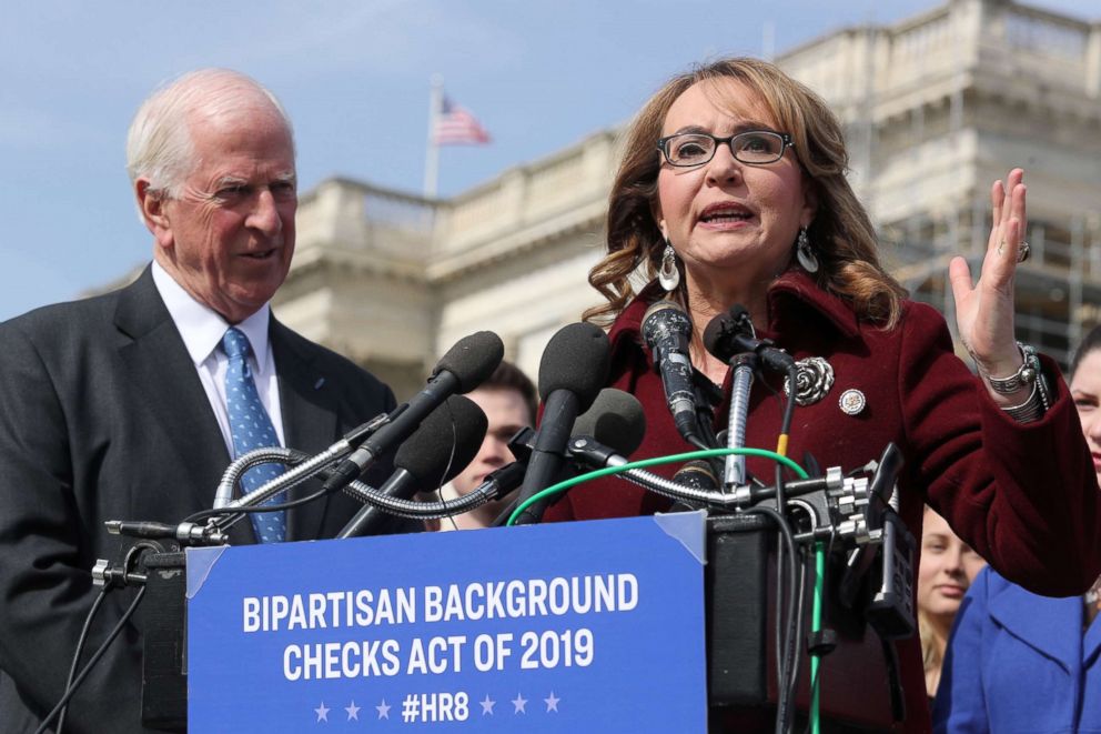 PHOTO: Shooting survivor and former Rep. Gabby Giffords speaks at a news conference about Rep. Mike Thompson's proposed gun background check legislation, on Capitol Hill in Washington, Feb. 26, 2019.