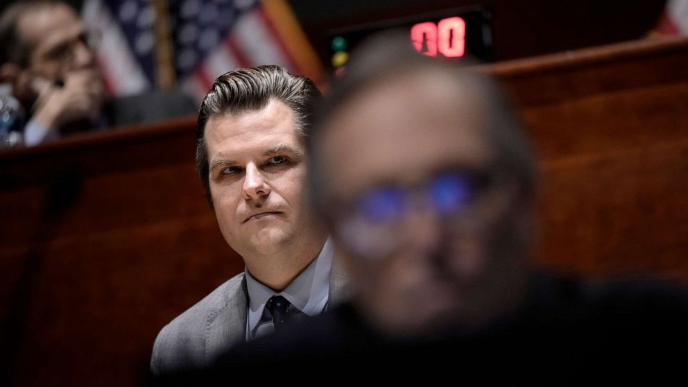 PHOTO: Rep. Matt Gaetz listens during a House Judiciary Committee oversight hearing on Capitol Hill, June 10, 2021, in Washington, D.C.