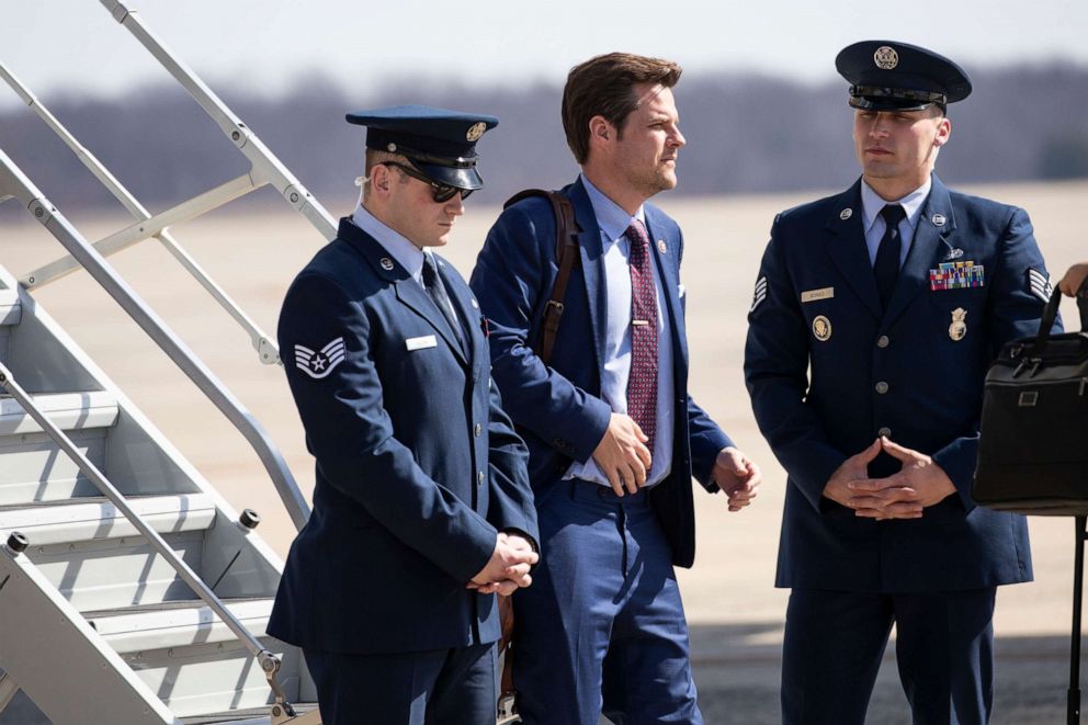 PHOTO: Rep. Matt Gaetz steps off Air Force One upon arrival, March 9, 2020, at Andrews Air Force Base, Md.