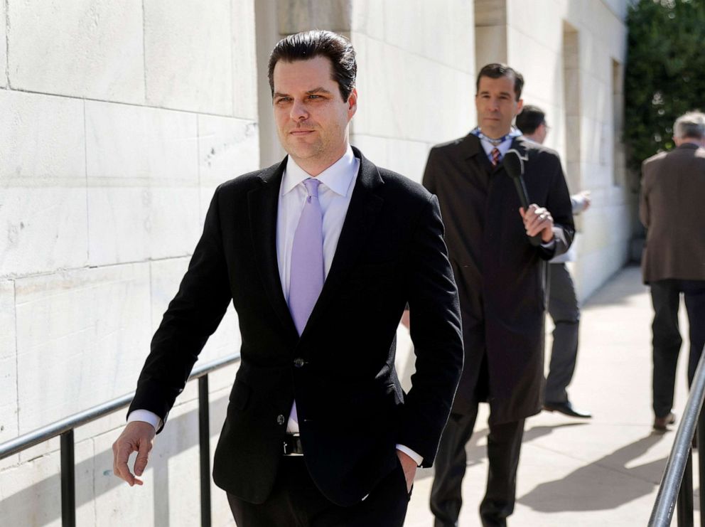 PHOTO: Rep. Matt Gaetz leaves a House Republican conference meeting on Capitol Hill, April 27, 2022, in Washington, D.C.