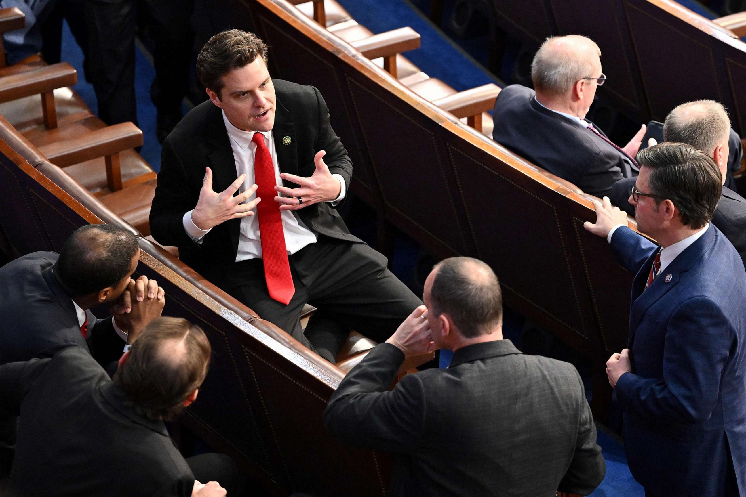 PHOTO: Rep. Matt Gaetz speaks with lawmakers as the House of Representatives convenes for the 118th Congress at the US Capitol in Washington, Jan. 3, 2023.