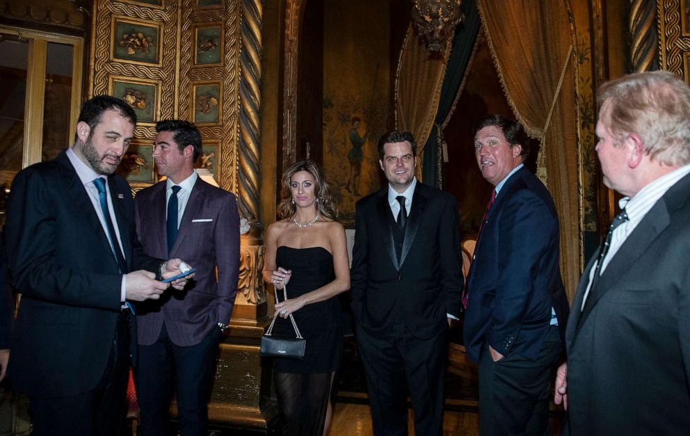 PHOTO: Rep. Matt Gaetz, fourth from left, gathers before a dinner with President Donald Trump and Brazilian President Jair Bolsonaro, at Mar-a-Lago, March 7, 2020, in Palm Beach, Fla.