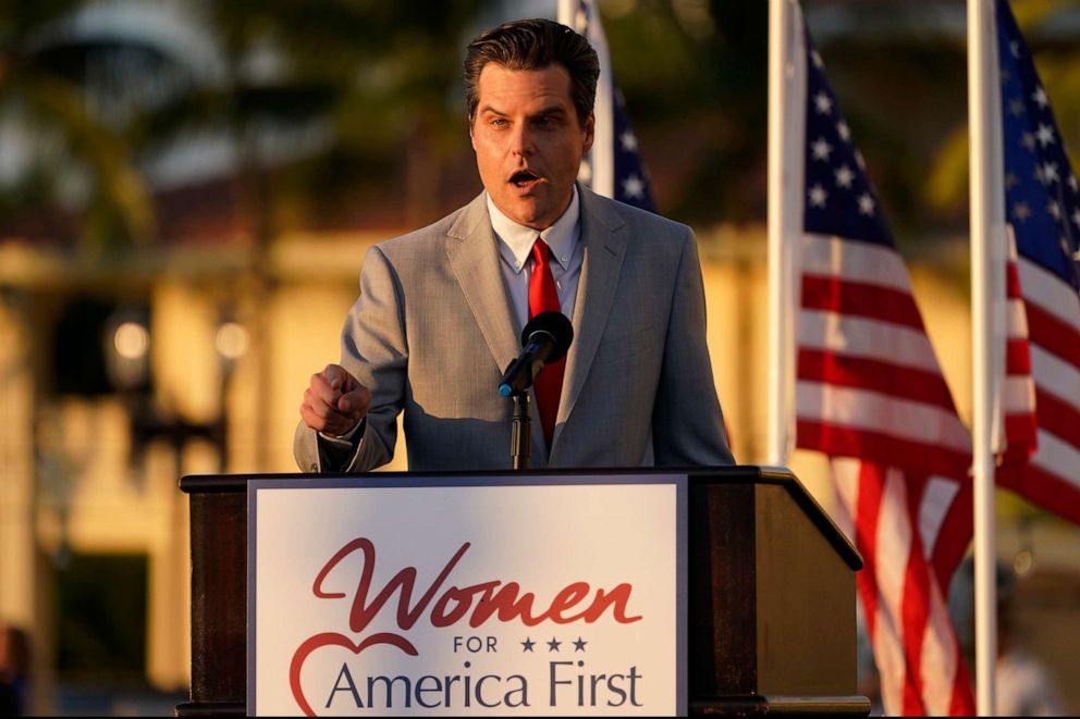 PHOTO: Congressman Matt Gaetz, R-Fla., speaks at "Women for American First" event, Friday, April 9, 2021, in Doral, Fla.