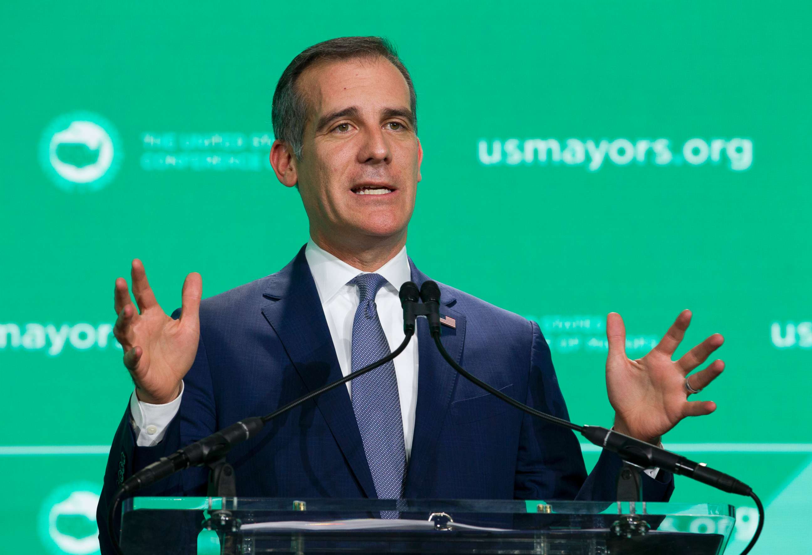 PHOTO: Los Angeles Mayor Eric Garcetti speaks during the U.S. Conference of Mayors meeting in Washington D.C., Jan. 24, 2019. 