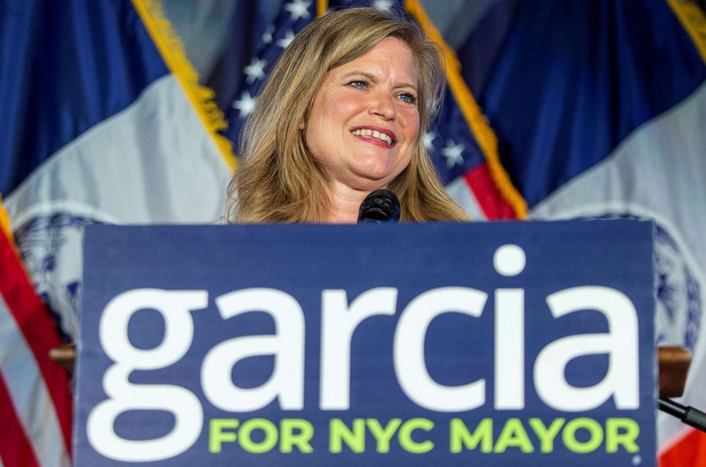 PHOTO: Democratic candidate for New York City Mayor Kathryn Garcia speaks at her primary election night rally in Brooklyn, New York, June 22, 2021.