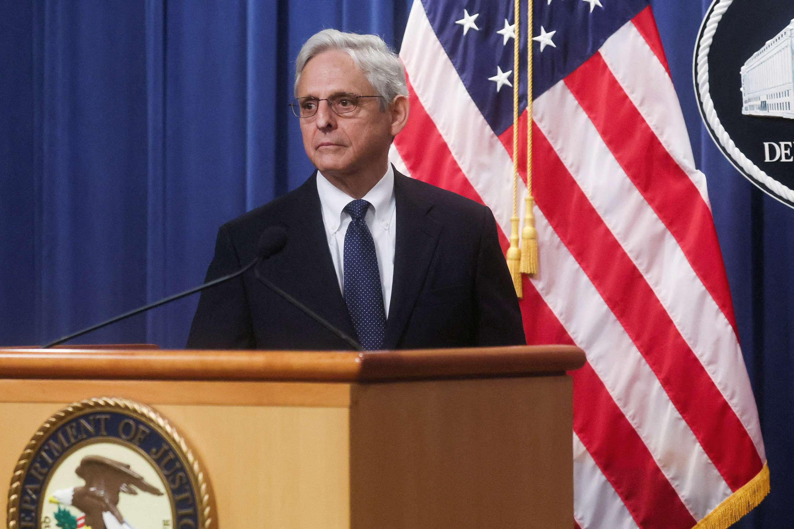 PHOTO: U.S. Attorney General Merrick Garland arrives to speak about the FBI's search warrant served at former President Donald Trump's Mar-a-Lago estate in Florida during a statement at the U.S. Justice Department in Washington, D.C., Aug. 11, 2022.