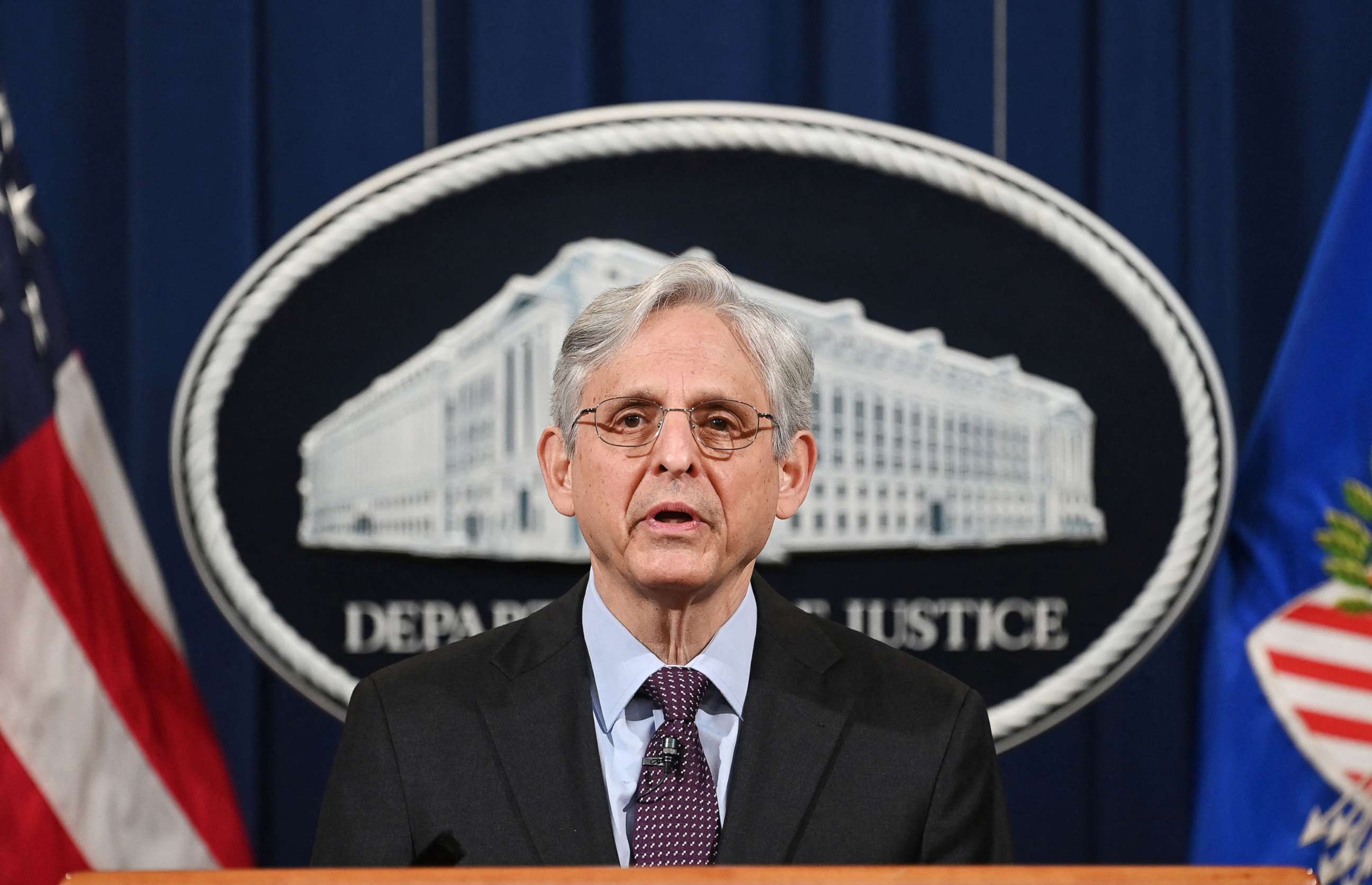 PHOTO: US Attorney General Merrick Garland speaks at the Department of Justice in Washington, D.C on April 26, 2021.