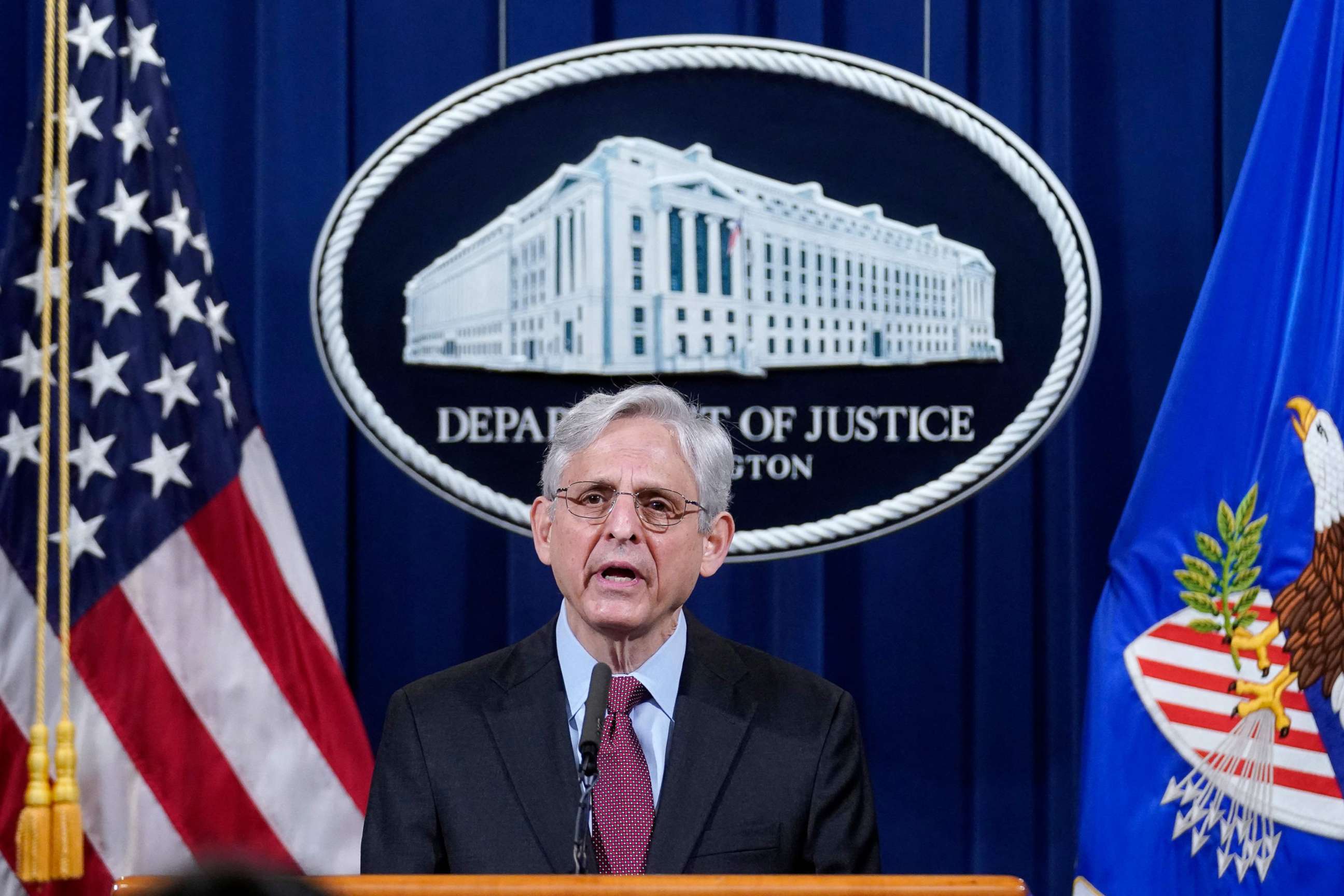 PHOTO: Attorney General Merrick Garland arrives to speak about a jury's verdict in the case against former Minneapolis Police Officer Derek Chauvin in the death of George Floyd, at the Department of Justice on April 21, 2021 in Washington, D.C.