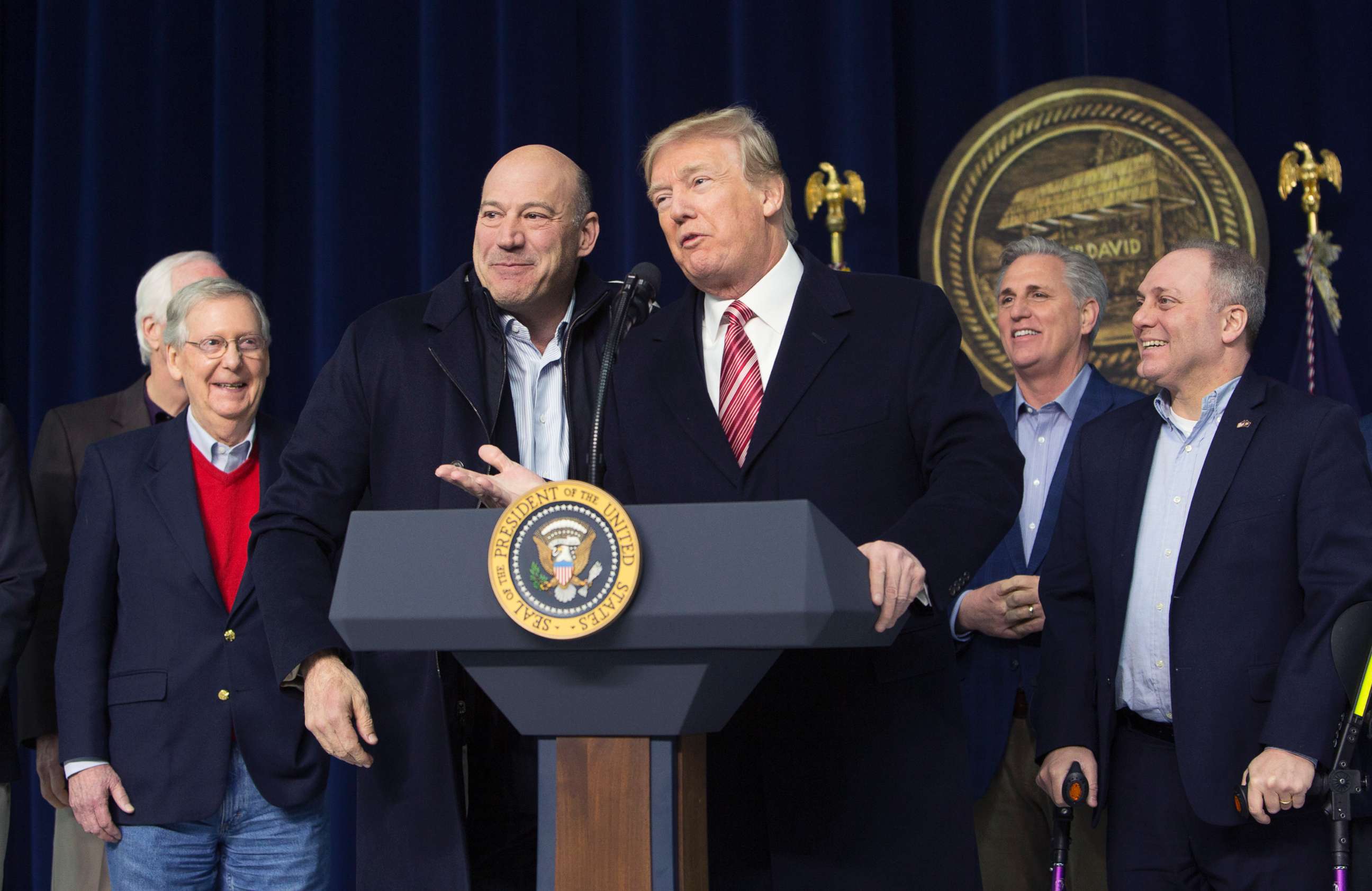 PHOTO: President Donald Trump and National Economic Council Director Gary Cohn affirm their support for each other at Camp David on Jan. 6, 2018 in Thurmont, Md.