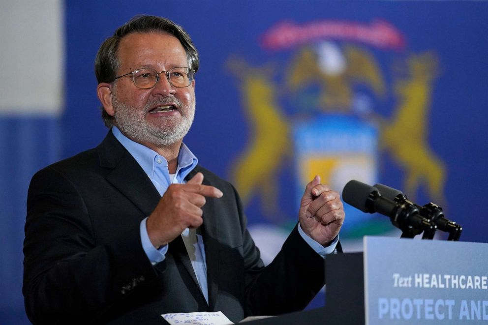 PHOTO: Sen. Gary Peters, D-Mich., speaks during an event with Democratic presidential candidate former Vice President Joe Biden at Beech Woods Recreation Center, in Southfield, Mich., Friday, Oct. 16, 2020.