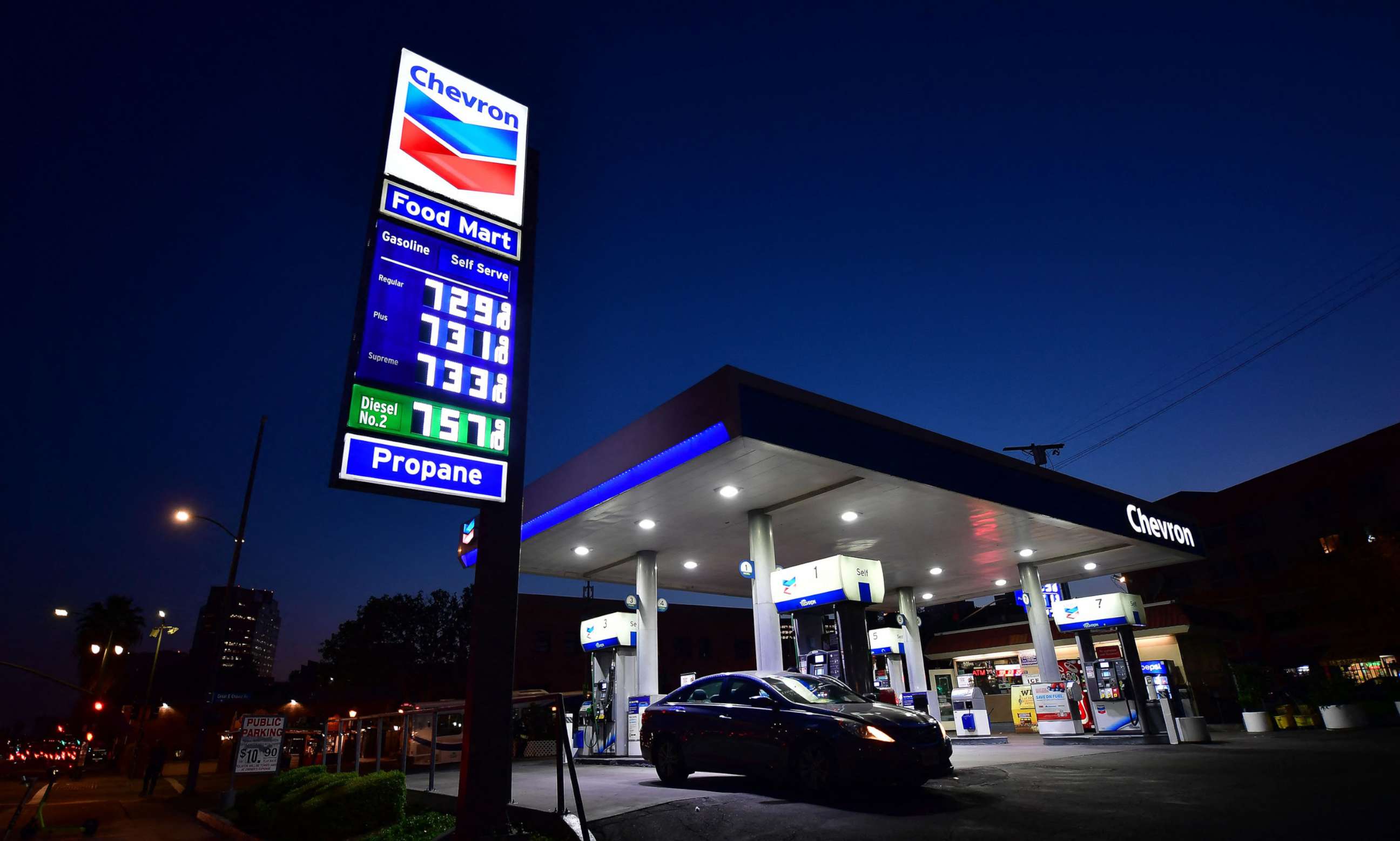 PHOTO: Gas prices of more than $7.00 per gallon are posted at a downtown Los Angeles gas station, March 9, 2022.