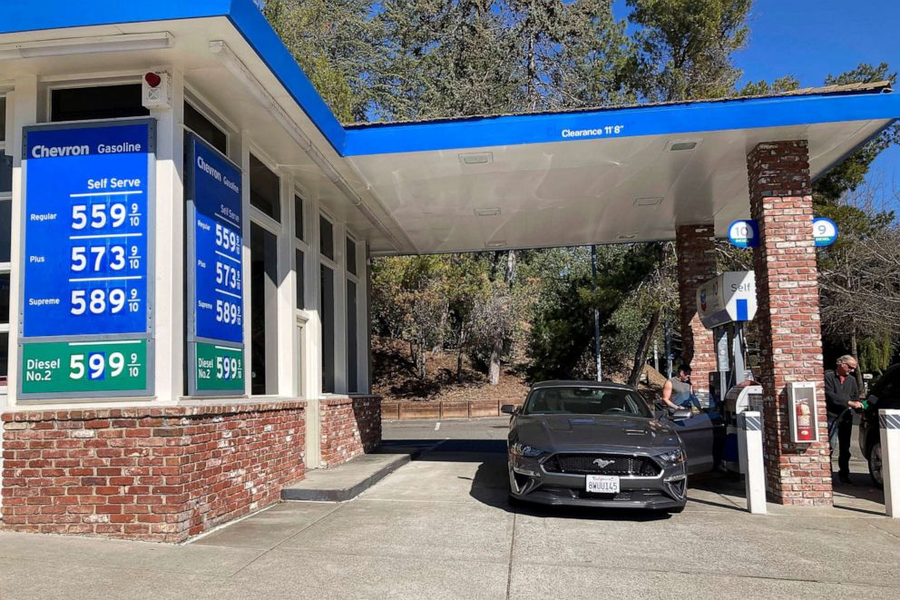 PHOTO: A motorist pumps gasoline at a gas station in Lafayette, Calif., March 6 ,2022.