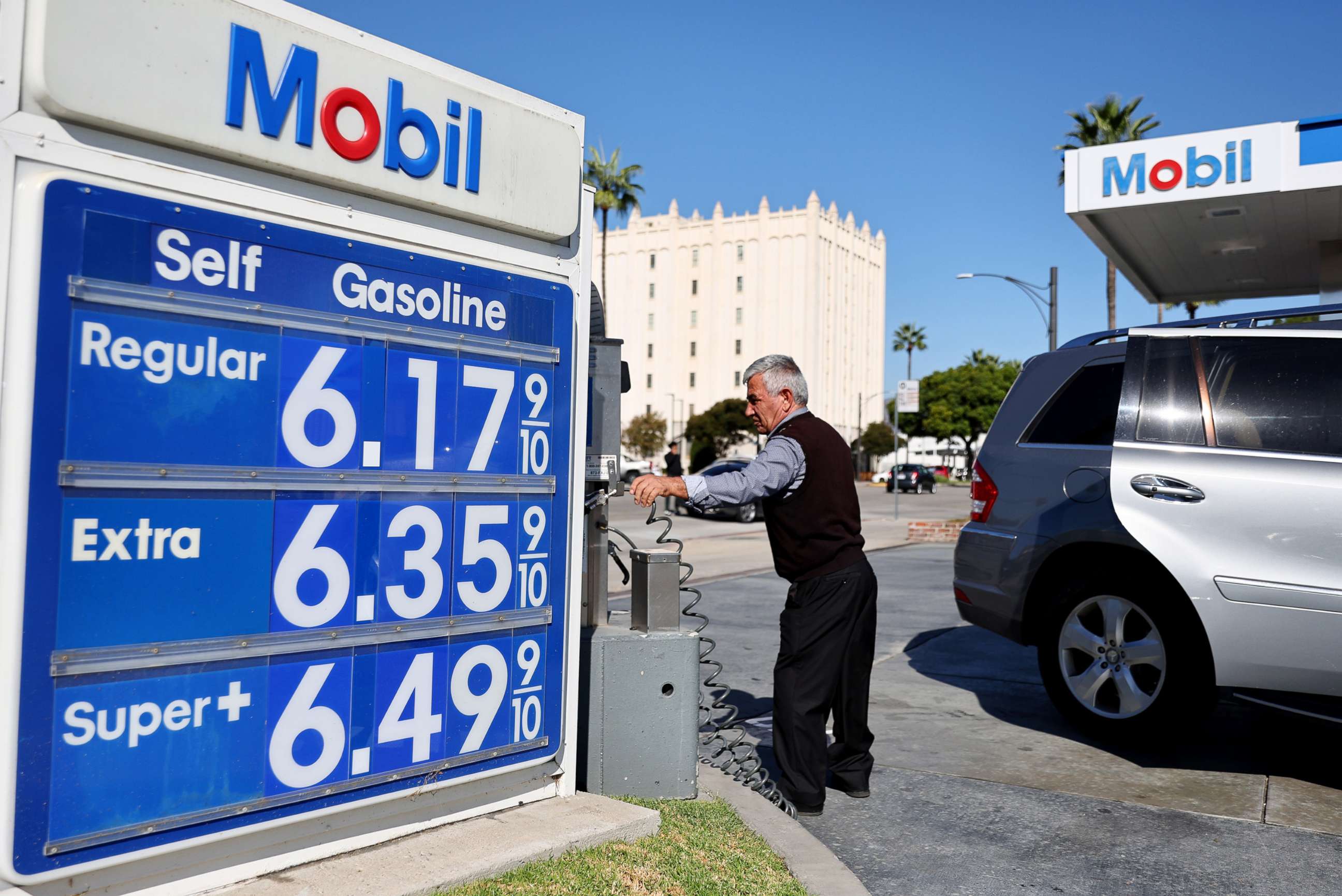 PHOTO: Gas prices are displayed at a Mobil gas station on Oct. 28, 2022 in Los Angeles.