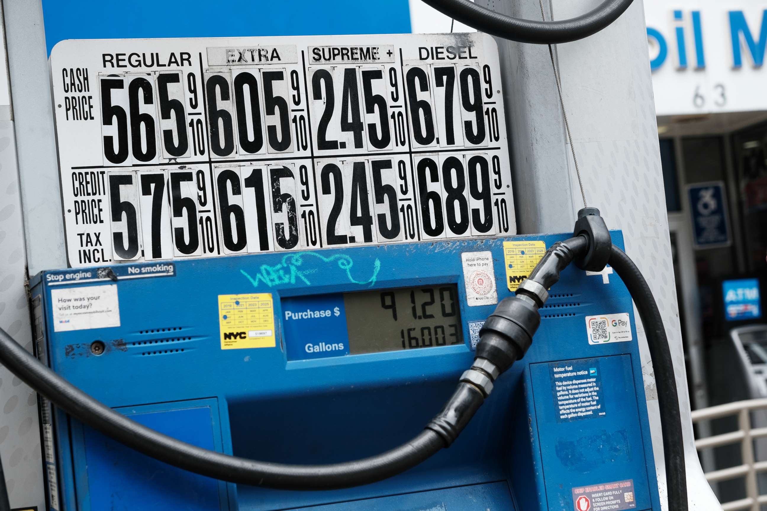 PHOTO: Gas prices are displayed at a Manhattan station, June 1, 2022, in New York City.