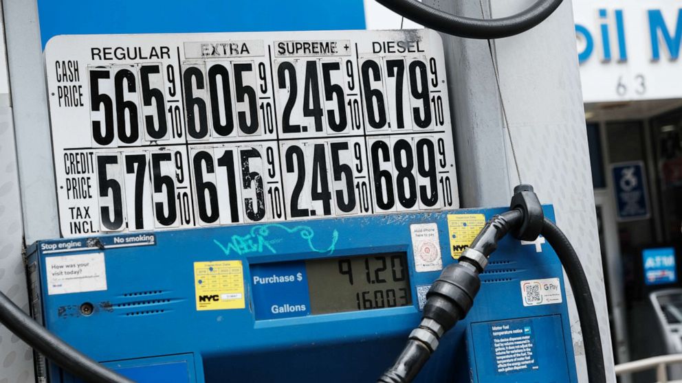 PHOTO: Gas prices are displayed at a Manhattan station, June 1, 2022, in New York City.