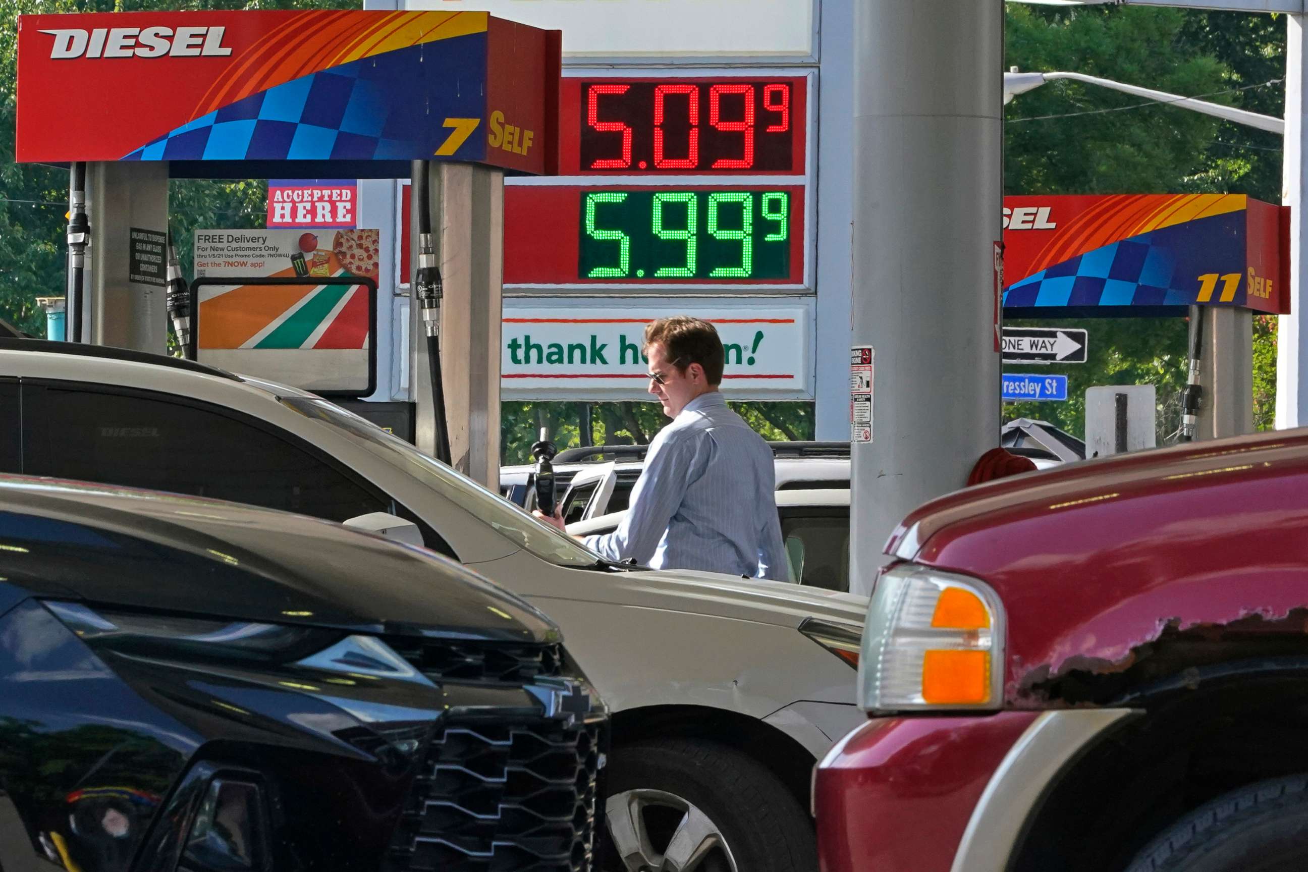 PHOTO: A man pumps gas at a mini-mart in Pittsburgh on June 15, 2022.