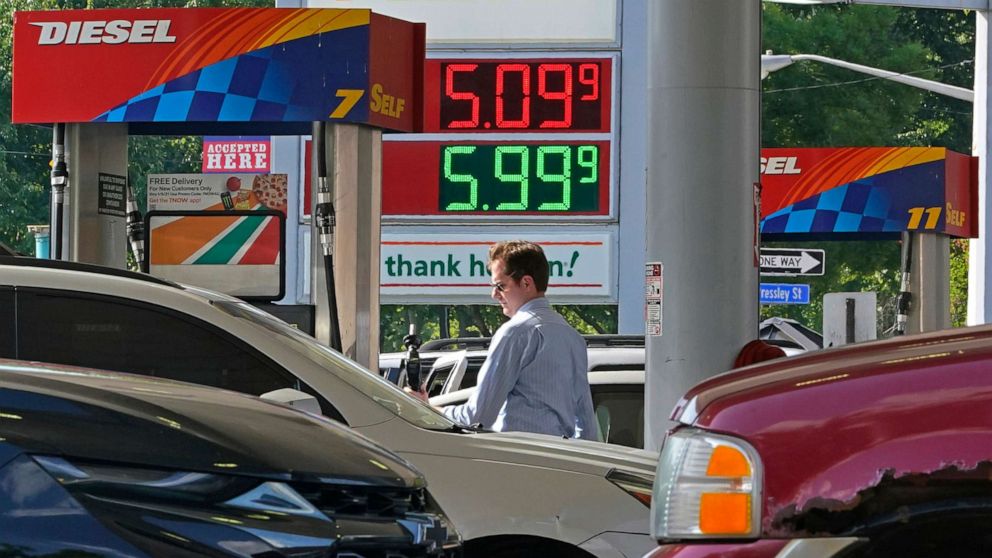 PHOTO: A man pumps gas at a mini-mart in Pittsburgh on June 15, 2022.