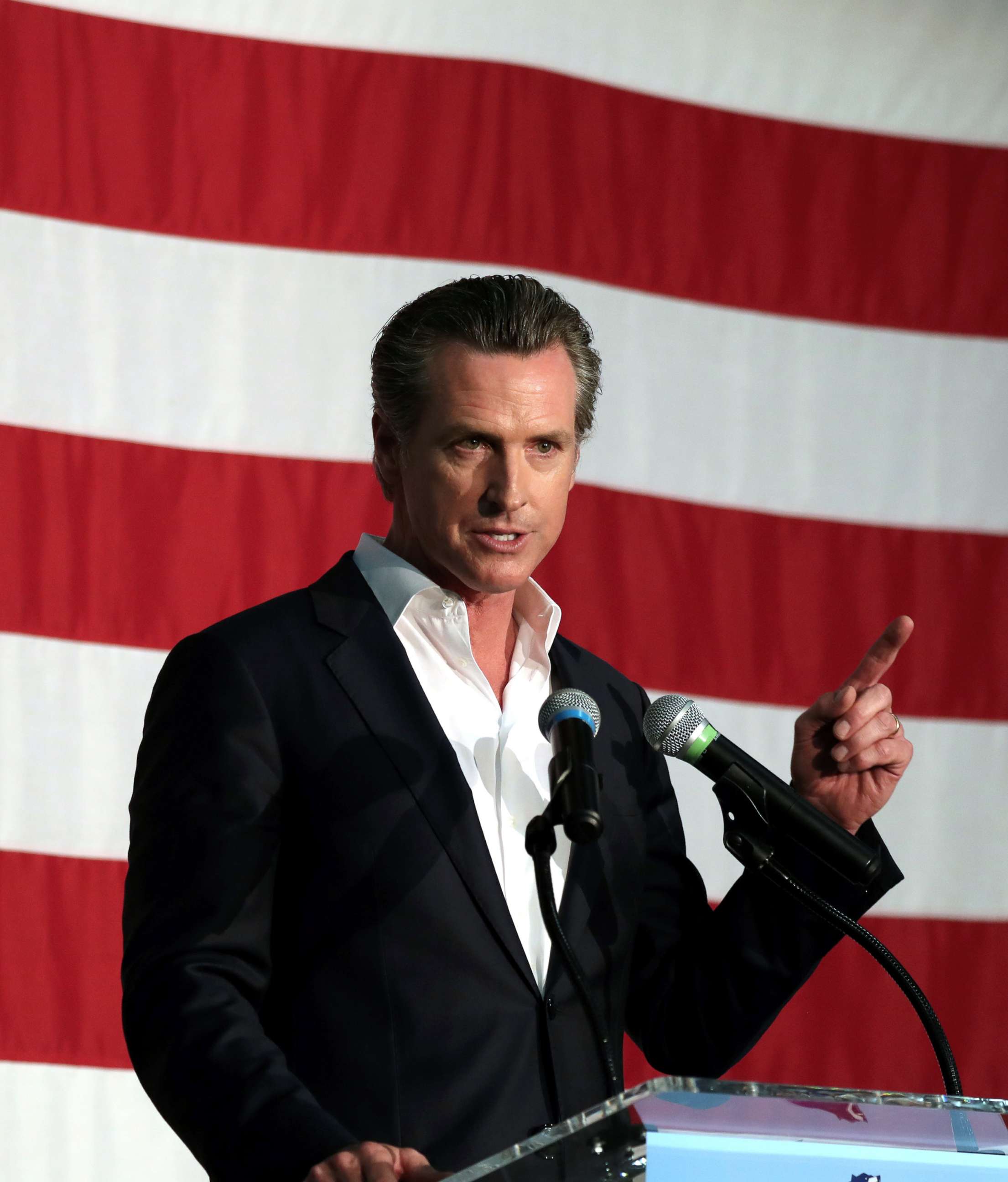 PHOTO: California gubernatorial candidate, Lieutenant Governor Gavin Newsom speaks at a campaign rally in Burbank, Calif., May 30, 2018.