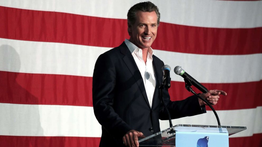 PHOTO: California gubernatorial candidate, Lieutenant Governor Gavin Newsom speaks at a campaign rally in Burbank, Calif., May 30, 2018.