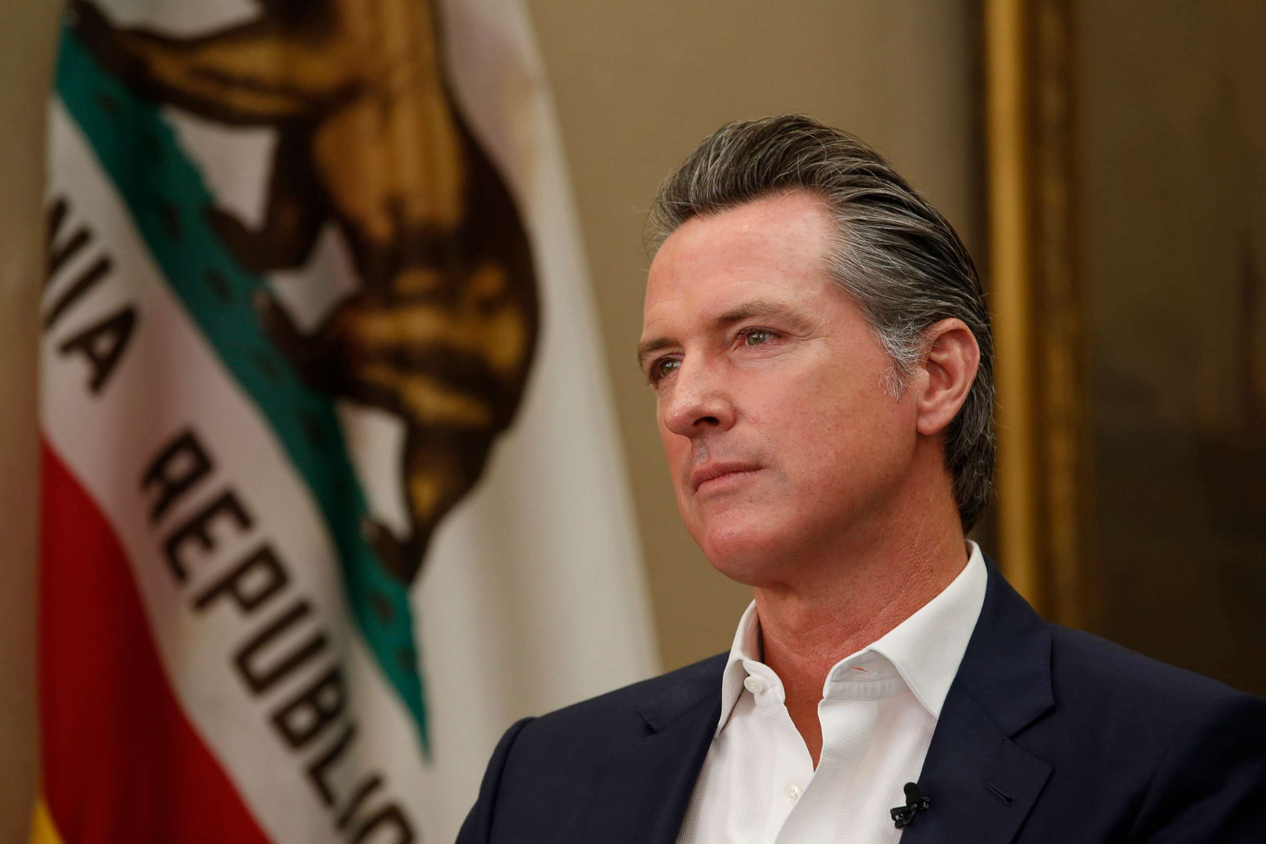 PHOTO: California Gov. Gavin Newsom listens to a question during an interview in Sacramento, Calif., Oct. 8, 2019.