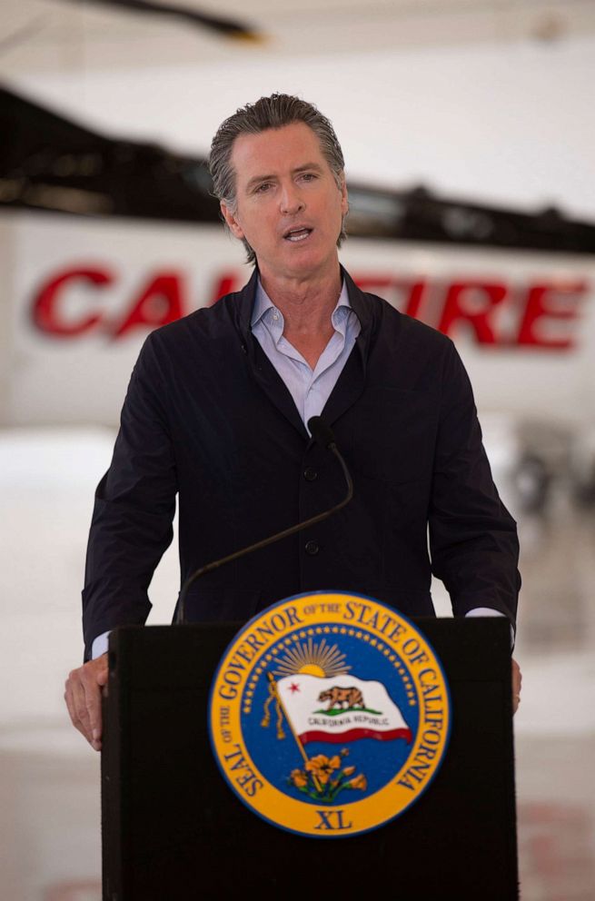 PHOTO: In this July 9, 2020, file photo, California Gov. Gavin Newsom visits the California Department of Forestry and Fire Protection's McClellan Reload Base in Sacramento, Calif.