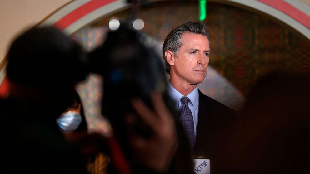 PHOTO: California Gov. Gavin Newsom looks on during a news conference in San Francisco on March 19, 2021.
