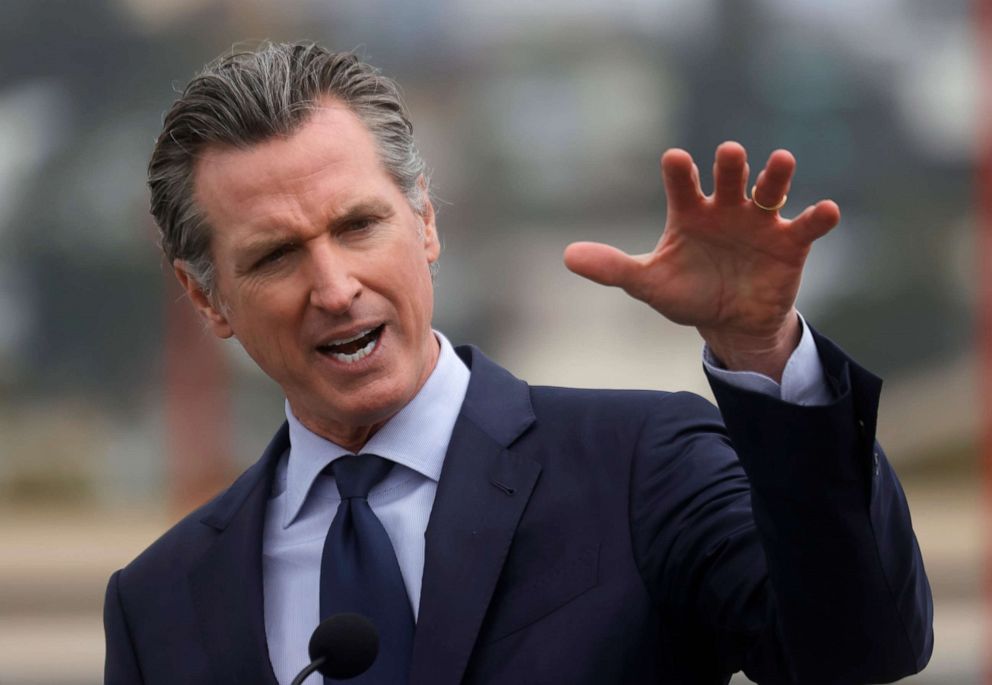 PHOTO: California Gov. Gavin Newsom speaks during a news conference after touring the vaccination clinic at City College of San Francisco on April 06, 2021, in San Francisco.