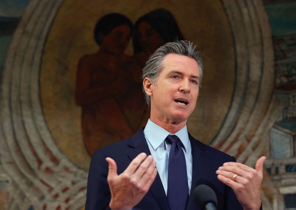 PHOTO: California Gov. Gavin Newsom speaks during a press conference at The Unity Council on May 10, 2021, in Oakland, Calif.