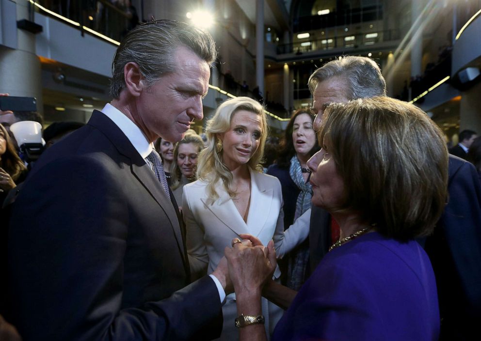 PHOTO: California Gov. Gavin Newsom, left, talks with House Speaker Nancy Pelosi, Jan. 7, 2019, in Sacramento, Calif.